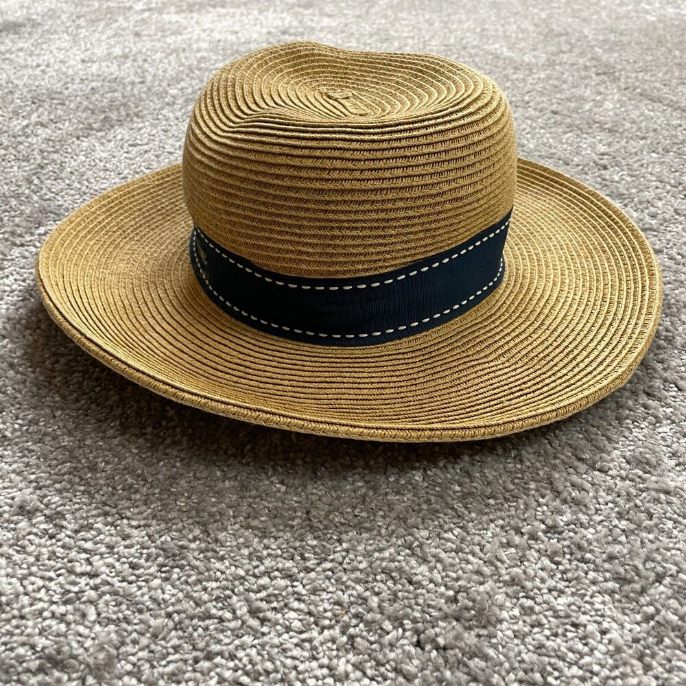 Sun n Sand Sun Hat Womens One Size Yellow Straw Wide Brim Blue Headband Beach